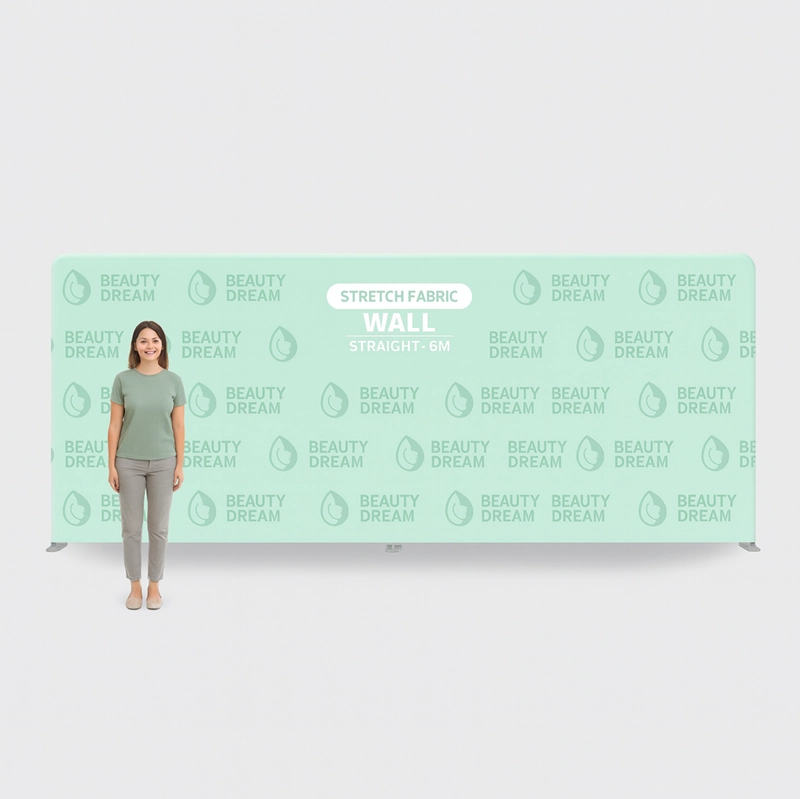 Curved fabric stretch display wall with a printed brand graphic