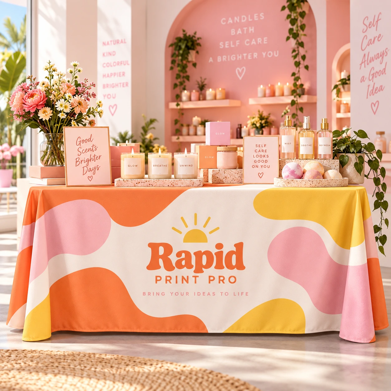 Custom printed 6ft table cloth by Rapid Print Pro, draped to the floor on the front and ends
